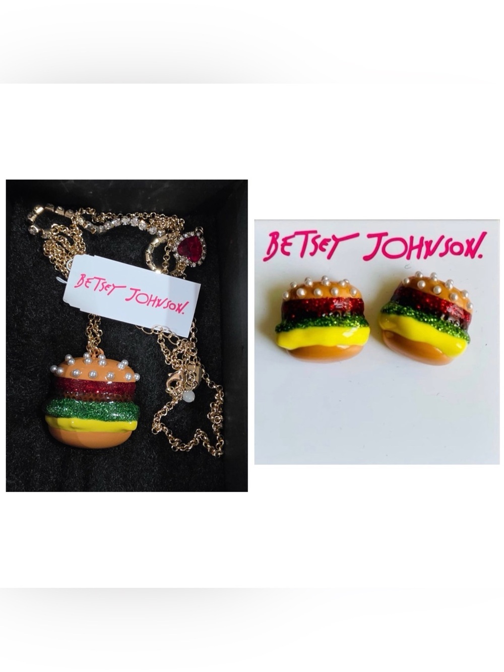 BETSEY JOHNSON SET Hamburger Necklace & Earrings Picnic BBQ Outdoors NEW NWT